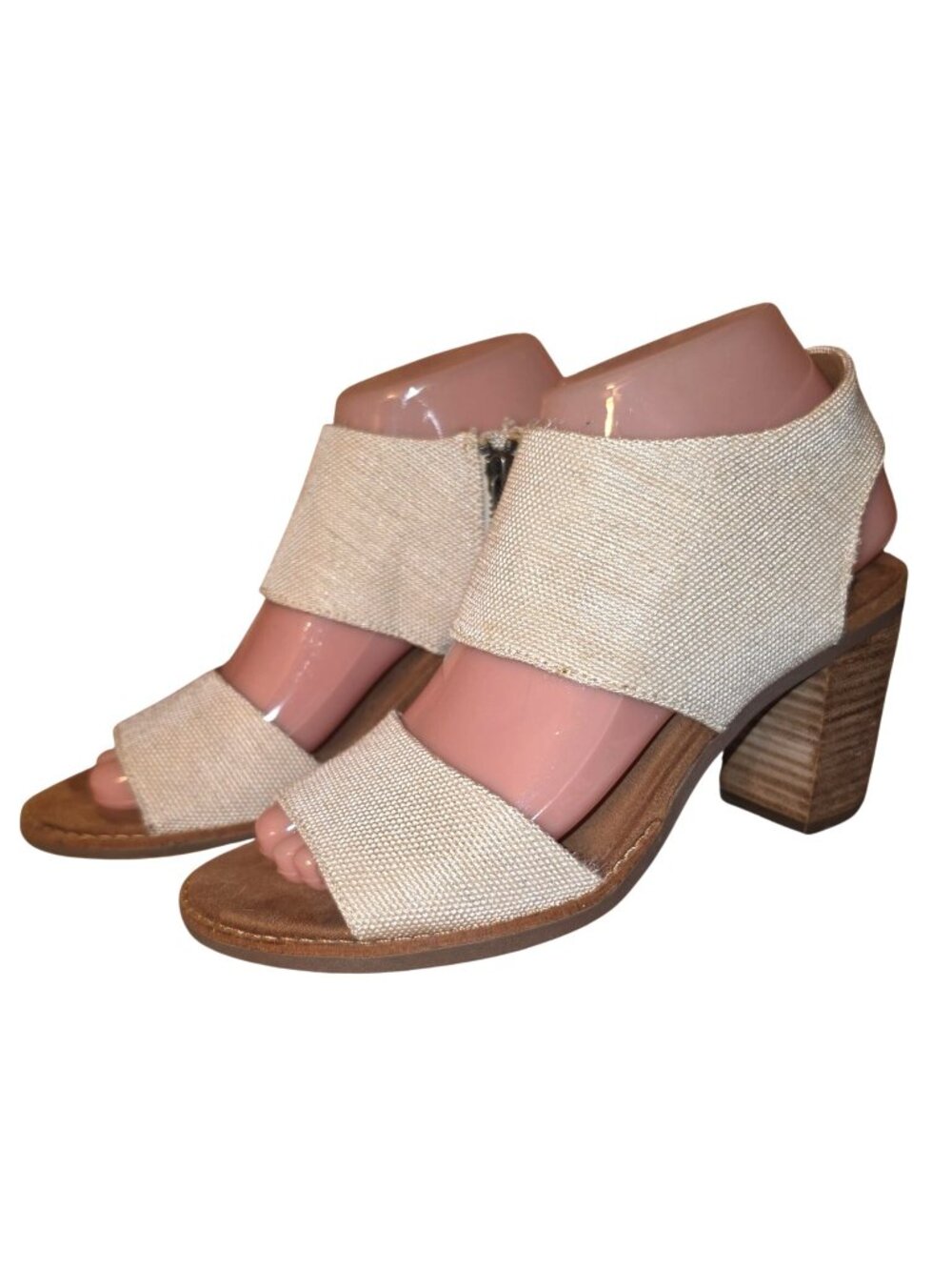 Women's Toms Majorca Open Toe Beige Shoes Heels Chunky Size 7 Side Zip Sandals